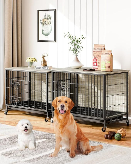 Dog Crate Furniture, 38.6" Wooden Dog Kennel Indoor, Double Doors Dog Cage with Removable Tray, Wheels, Large Dog Crate End Table for Medium/Large Dogs, Grey
