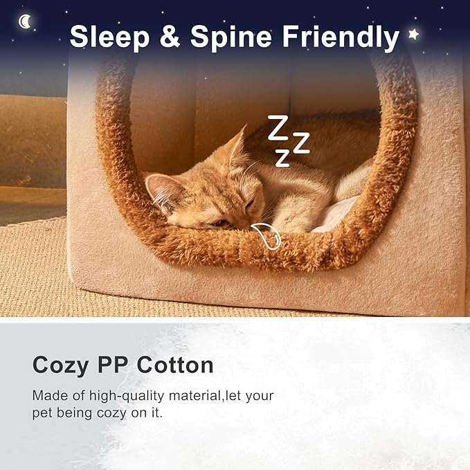 JIUPETY Cute Cat Beds for Indoor Cats, Foldable Cat House with Non-Slip Bottom, S Size Kitten Bed Up to 8 Lbs Kitty, Brown