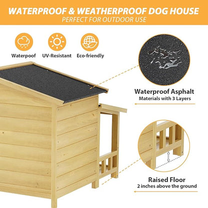 KELRIA 47.2" Dog House, Waterproof Dog Kennel, Wooden Outdoor and Indoor Dog House, Log Cabin Style with Porch,Elevated Floor, 2 Doors, Pine Wood + Natural