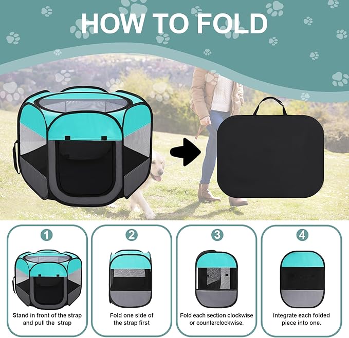 Pet Puppy Playpen for Cat Dog Indoor Outdoor, Foldable Portable Tent, Pop Up Dog Kitten Kennel Playpen with Carrying Case and Bowl,Green,Medium