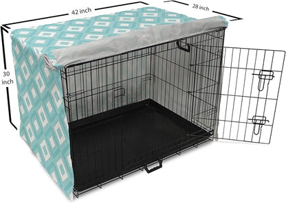 Lunarable Geometric Dog Crate Cover, Nested Diagonal Squares with Tiny Polka Dots Symmetric Repetition, Easy to Use Pet Kennel Cover for Medium Large Dogs, 42 Inch, White and Pale Teal