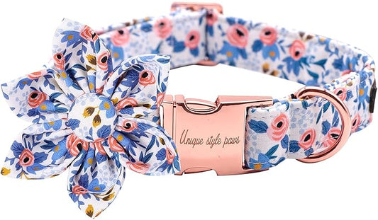 Uniqe Style Paws Flower Dog Collar, Rose Adjustable Girl Dog Collar with Flower, Durable Floral Pattern Pet Collar for Small Female Dogs