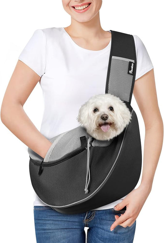 Pawaboo Dog Sling Carrier, Dog Papoose with Zipper Touch Pocket, Hand Free Breathable Mesh Puppy Carrier, Crossbody Satchel Dog Purse with Adjustable Strap for Outdoor Travel, Black, Large
