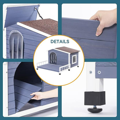 Wooden Dog House with Detachable Patio and Open Waterproof Asphalt Roof,Outdoor Dog Kennel W/Side Window,Front Door Design and PVC Door Curtain,Rainproof & Windproof Dog Cage for Pets,Gray