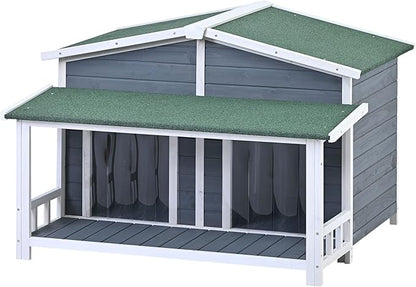 Merax 47" Outdoor Wooden Dog House with Porch, Asphalt Roof, 2" Height Raised Feet and Two Plastic Door Curtains, Brown