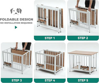 YITAHOME 33" Foldable Dog Crate Furniture, Portable Wooden Kennel End Table with Adjustable Feet & 360° Rotatable Bowls, Perfect for Small to Medium Dogs, Brown