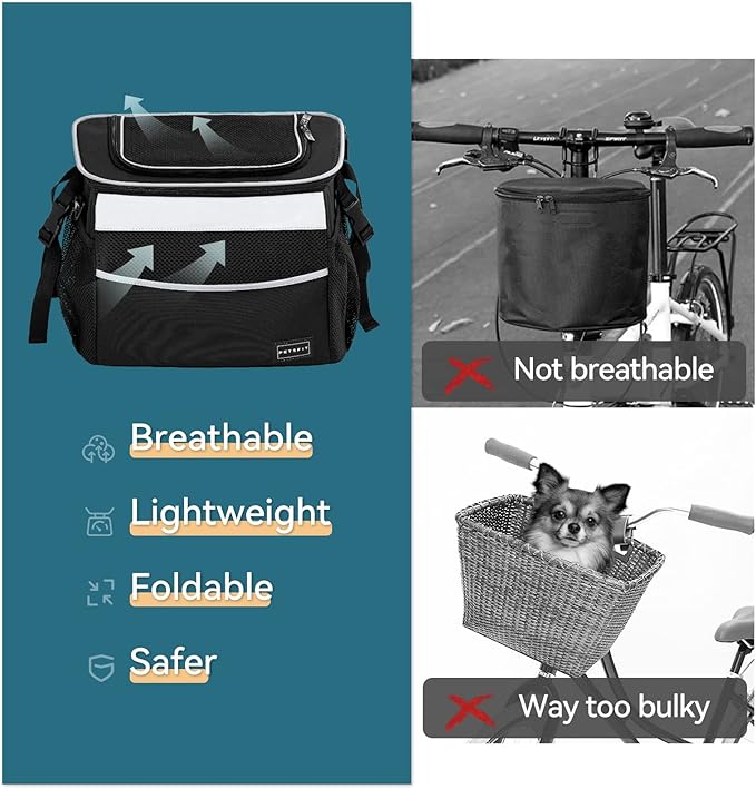 Petsfit Dog Bike Basket, Small Dog Car Seat with Front Pocket, Puppy Car Seat for Small Dogs and Pets (Black)