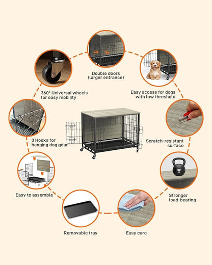 Dog Crate Furniture, 32" Dog Kennel End Table, Wooden Dog Cage with Wheels & Double Doors, Dog Crate Indoor Dog House for Large Medium Dogs, Rustic Grey