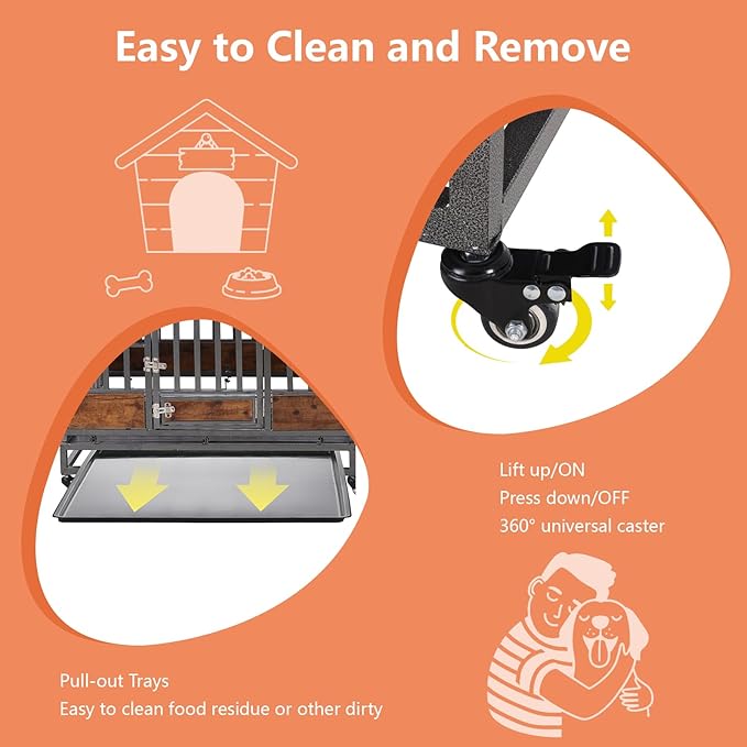 46in Heavy Duty Dog Crate for Extra Large Dogs, Dog Kennel Indoor with Removable Trays, Enclosed Design withlockable Wheels, Chew Proof Pet Cage House Indoor, Brown