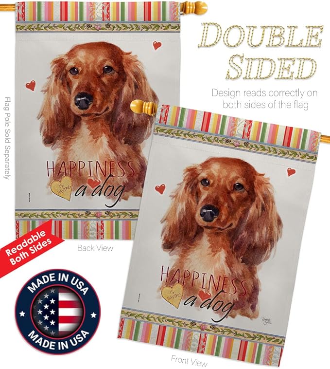 Breeze Decor Long Hair Dachshund Happiness House Flag Pack Dog Puppy Spoiled Paw Canine Fur Pet Nature Farm Animal Creature Support Our Troops Banner Small Garden Yard Gift Double-Sided, Made in USA