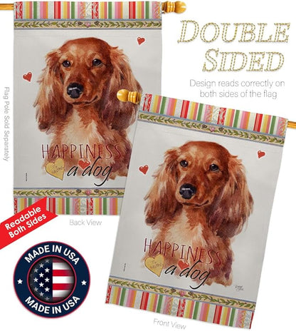 Breeze Decor Long Hair Dachshund Happiness House Flag Pack Dog Puppy Spoiled Paw Canine Fur Pet Nature Farm Animal Creature Support Our Troops Banner Small Garden Yard Gift Double-Sided, Made in USA