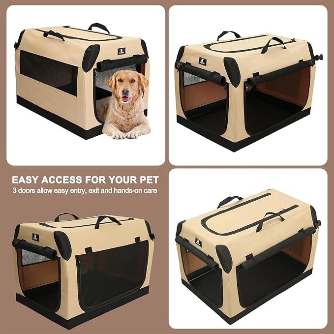 X-ZONE PET Dog Crate Travel Cage for Medium Dogs Portable Collapsible Cat Kennel with 3-Door Durable and Easy Clear Indoor & Outdoor Pet Home 32 '' Beige