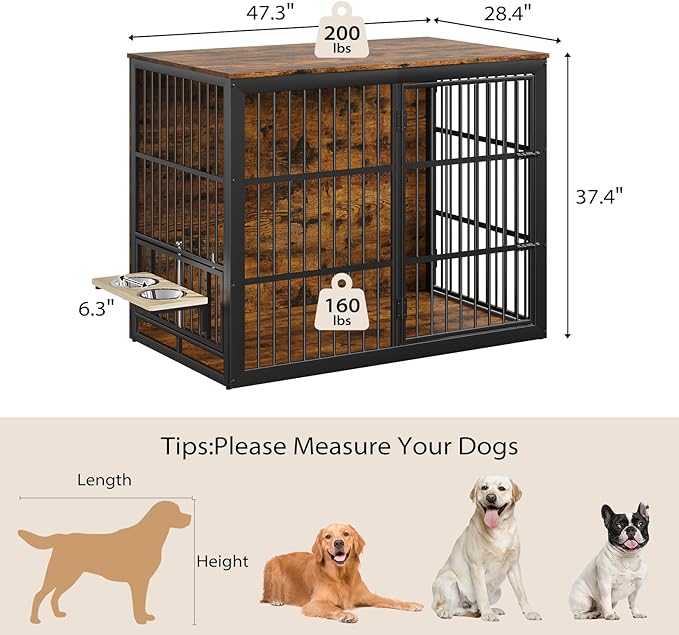 Rovibek 48 Inch Large Dog Crate with 2 Height Adjustable Dog Bowls 360° Rotatable, Cage Furniture for Large/Extra Large Dog Crate Indoor as End Table, Heavy Duty Dogs Kennel, Brown