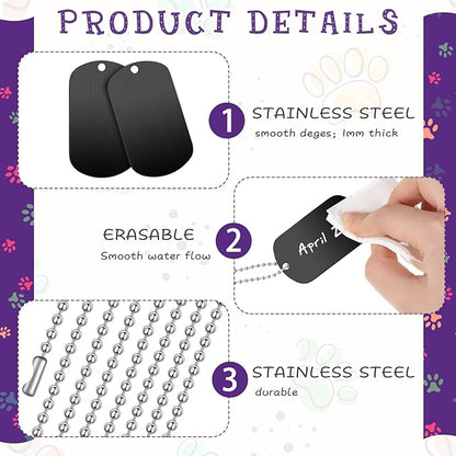 Therwen 62 Pieces Military Dog Tags for Kids Set Including 30 Aluminum Blank Dog Tag 30 Ball Stainless Steel Beaded Necklaces and 2 Erasable Markers for DIY Crafts(Black)