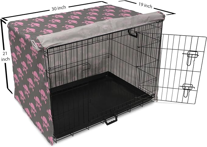Lunarable Skull Dog Crate Cover, Vivid Pirate on Pale Background Head of a Skeleton and Bones Halloween Themed, Easy to Use Pet Kennel Cover for Cats & Medium Dogs, 30 Inch, Pink Taupe