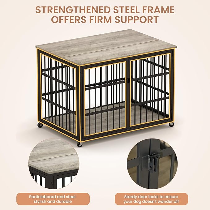 Furniture Style Dog Crate,Wrought Iron Frame with Side Openings,Wheels,Flip-Up Top,Durable and Stylish Pet Kennel for Home Use,Grey