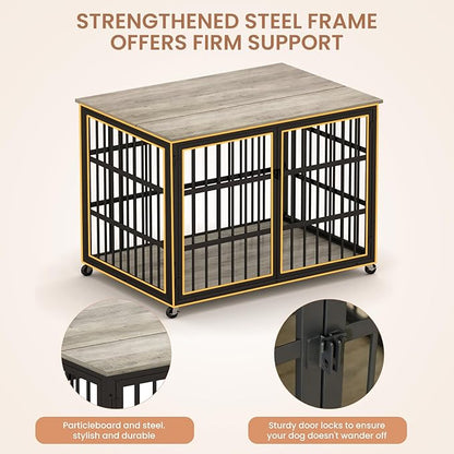 Furniture Style Dog Crate,Wrought Iron Frame with Side Openings,Wheels,Flip-Up Top,Durable and Stylish Pet Kennel for Home Use,Grey