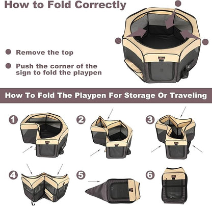 Aivituvin Portable Pet Playpen, Foldable Dog Tent Crate Cage for Puppies and Cats, Exercise Pop Up Dog Kennel with Carrying Case Indoor Outdoor, Waterproof and Zipper Top Cover Door, Brown