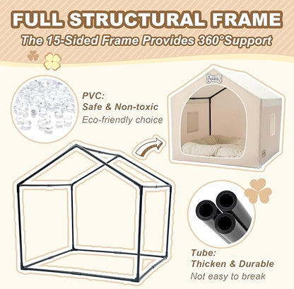 Jiupety Indoor Dog House with Frame, Cute Dog Tent Bed with Cover Cave, Breathable, Washable, and Foldable House, Suitable for 20-40 Lb, Large (25"×25"×25"), Beige