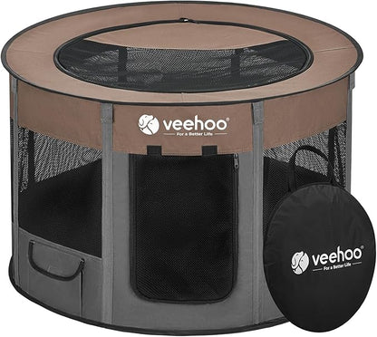 Veehoo Portable Puppy Playpen, Pet Kitten Playpen for Indoor Portable PopUp Dog Kennel Foldable Playpen Outdoor Tent Crate with Carrying Case for Kitten Puppy Small Animal,Coffee 35.8"Lx35.8"Wx22.8"Th