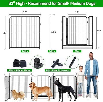 Dog Playpen Outdoor Extra Wide 16 Panels Heavy Duty Dog Fence 32" Height Anti-Rust with Doors Portable for RV Camping Yard, Total 42FT, 140 Sq.ft, Snowy Black