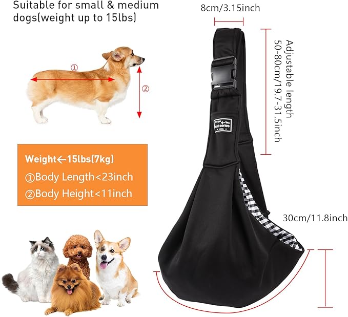 Small Dog Sling Carrier Black, Hand Free Pet Carrier, Adjustable Dog Sling for Outdoor Travel