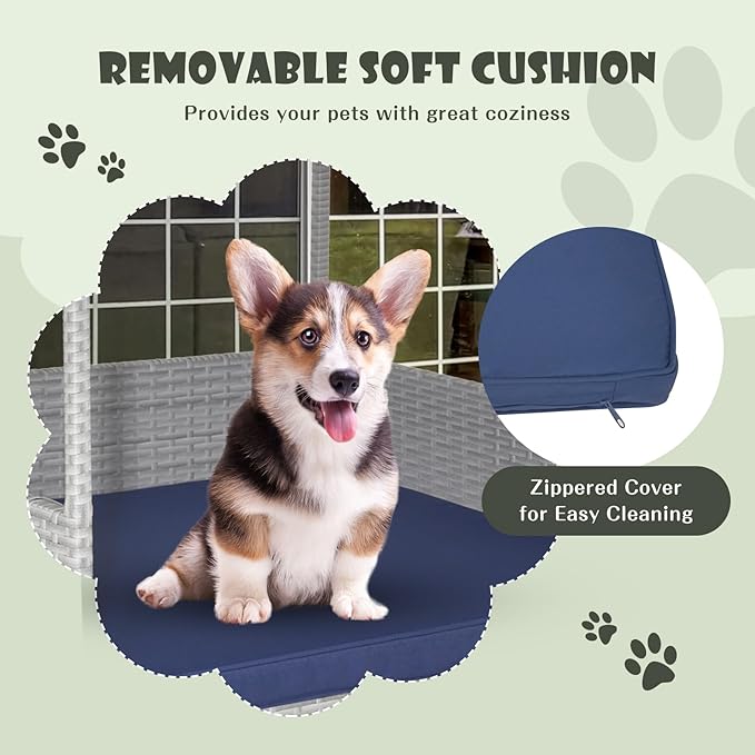 Giantex Wicker Dog House, Raised Rattan Dog Bed with Waterproof Roof, Washable Cushion Cover, Steel Frame, Indoor Outdoor Elevated Dog Bed Pet House for Small Medium Dogs Cats, Easy Assembly