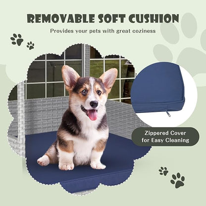 Giantex Wicker Dog House, Raised Rattan Dog Bed with Waterproof Roof, Washable Cushion Cover, Steel Frame, Indoor Outdoor Elevated Dog Bed Pet House for Small Medium Dogs Cats, Easy Assembly