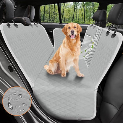 Dog Car Seat Cover, 600D Heavy Durable Dog Seat Cover for Back Seat, 100% Waterproof Scratch Proof Nonslip Dog Hammock for Car with Side Flap, Pet Back Seat Covers for Cars with SeatBelt Gray