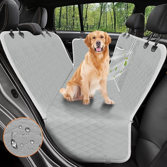 Dog Car Seat Cover, 600D Heavy Durable Dog Seat Cover for Back Seat, 100% Waterproof Scratch Proof Nonslip Dog Hammock for Car with Side Flap, Pet Back Seat Covers for Cars with SeatBelt Gray