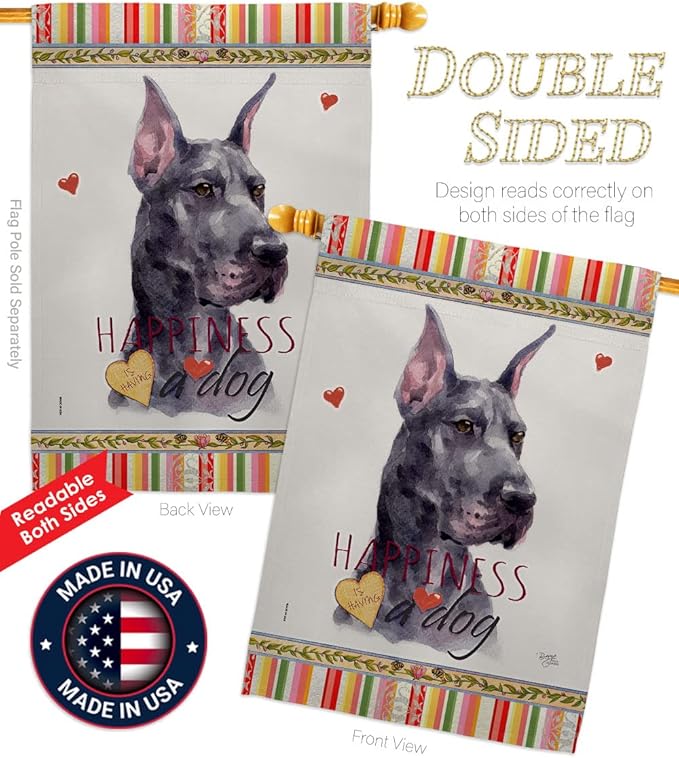 Breeze Decor Cropping Black Dane Happiness House Flag-Pack Dog Puppy Spoiled Paw Canine Fur Pet Nature Farm Animal Creature Support Our Troops Garden Yard Gift Double-Sided, Made in USA