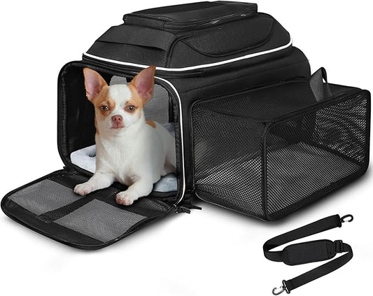 Petskd Top and Side Expandable Pet Carrier 18x13x9.5 Inches Southwest Allegiant Airline Approved, Soft-Sided Carrier for Small Cats and Dogs with Locking Safety Zippers and Anti-Scratch Mesh(Black)