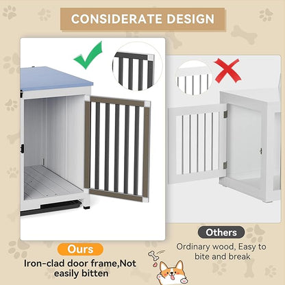 39.5in Furniture Dog Crate, Large/Medium Dog Crate End Table, Solid Wood Portable Foldable Indoor, No Assembly Needed (White and Blue)