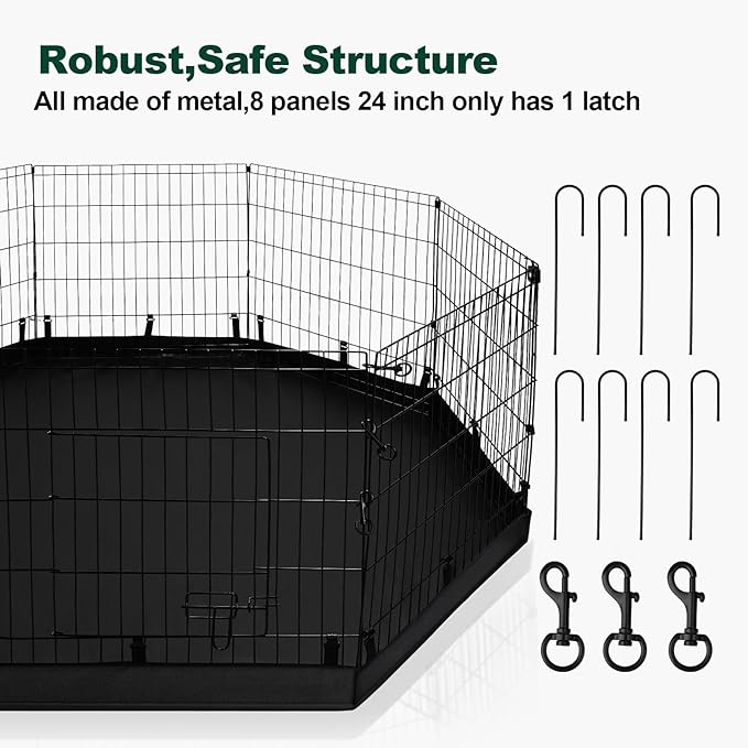 PJYuCien Dog Playpen - Metal Foldable Dog Exercise Pen, Pet Fence Puppy Crate Kennel Indoor Outdoor with 8 Panels 24”H & Bottom Pad for Small Medium Pets