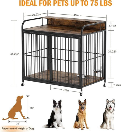 48 Inch Dog Crate Furniture, Dog Crate with Adjustable Height Feeder, Designed for Small Dogs, Featuring 360-Degree Swivel Wheels for Easy Movement, Rustic Brown Finish