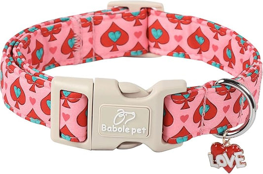 Valentine's Day Dog Collar - Cute Pink Valentines Dog Collar Girl Boy Durable Adjustable Spade Heart Pattern Charm Dog Collars for Small Medium Large Dogs XS