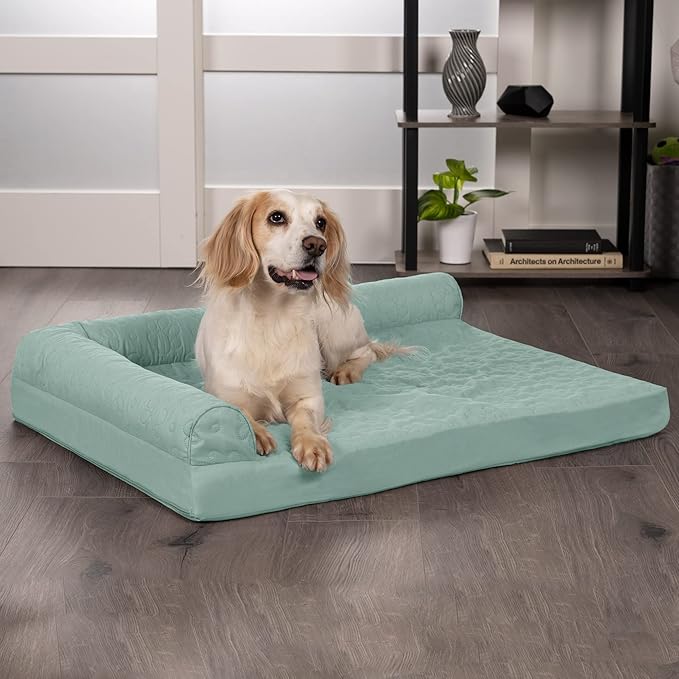 Furhaven Memory Foam Dog Bed for Large/Medium Dogs w/ Removable Bolsters & Washable Cover, For Dogs Up to 55 lbs - Pinsonic Quilted Paw L Shaped Chaise - Iceberg Green, Large