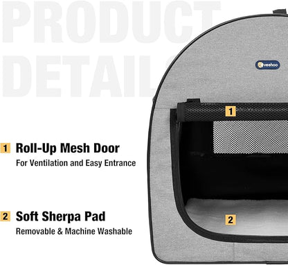 Veehoo Collapsible Dog Crates for Large Dogs - Portable Dog Travel Crate with A Storage Bag, Soft Sided Foldable Dog Kennel for Indoor & Outdoor Use, 32 * 24 * 24 inch, Grey