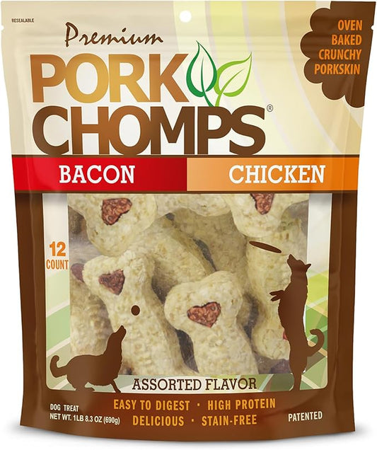 Pork Chomps Dog Chews, 4-inch Crunchy Bones, Bacon and Chicken Flavor, 12 Count