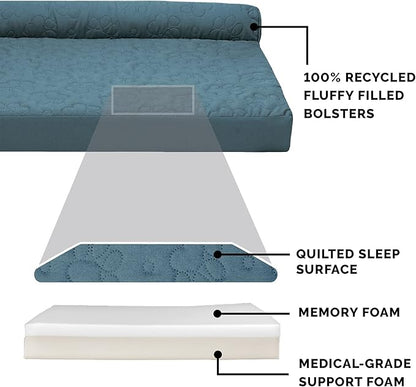 Furhaven Memory Foam Dog Bed for Large/Medium Dogs w/ Removable Bolsters & Washable Cover, For Dogs Up to 55 lbs - Pinsonic Quilted Paw L Shaped Chaise - Bluestone, Large