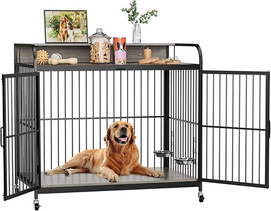 48" L X 30" W X 44.3" H Dog Crate Furniture, Dog Crate Indoor with Adjustable Height Bowls, Wooden Heavy Duty, 48 Inch Dog Kennel Furniture for Large Dogs,Grey