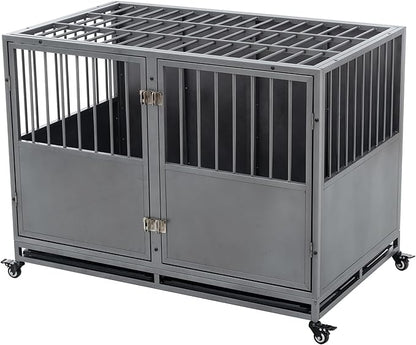 48 Inch Heavy-Duty Dog Crate with Double Door Wheels Carbon Steel Escape Dog Cage for Small Medium Large Dogs Silver One Size