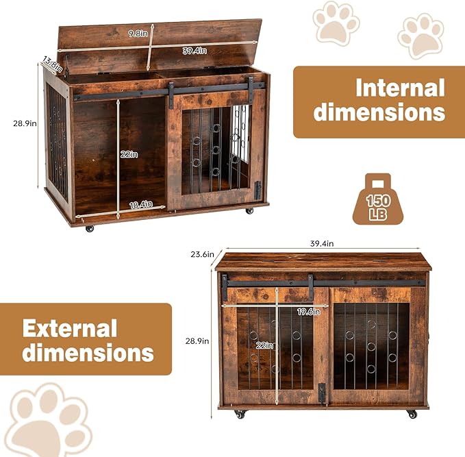 2 Rooms Dog Crate Furniture with Movable Divider,39" Wooden Dog Crate Table,Wooden Dog Kennel Pet House Cage,Flip Top 39.37”Wx25.2”Dx28.94”H