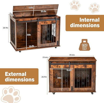 2 Rooms Dog Crate Furniture with Movable Divider,39" Wooden Dog Crate Table,Wooden Dog Kennel Pet House Cage,Flip Top 39.37”Wx25.2”Dx28.94”H