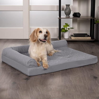 Furhaven Memory Foam Dog Bed for Large/Medium Dogs w/ Removable Bolsters & Washable Cover, For Dogs Up to 55 lbs - Pinsonic Quilted Paw L Shaped Chaise - Titanium, Large