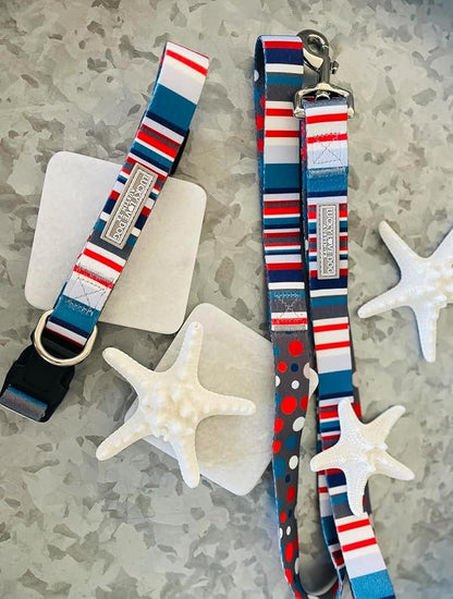 Lucky Love Dog, Nautical Matching Dog Collar and Leash Set, Polka Dot Striped Dog Collar and Leash for Male Female Dogs - (X-Small, Linus Combo)