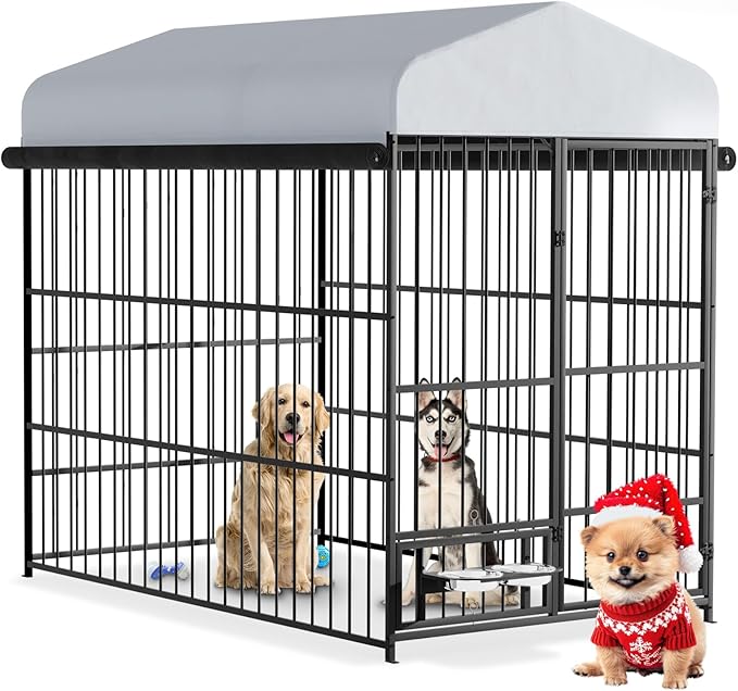6.6 x 3.9 x 5.9 FT Outdoor Dog Kennel with Roof, Large Dog Kennel Outdoor with Rotating Feeding Bowls, Waterproof and Sunproof Dog Kennel Outside, Covered Dog Outdoor Kennel