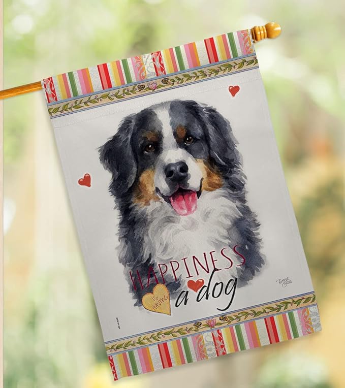 Breeze Decor Bernese Mountain Happiness House Flag Set Dog Puppy Spoiled Paw Canine Fur Pet Nature Farm Animal Creature Decoration Banner Small Garden Yard Gift Double-Sided, Made in USA