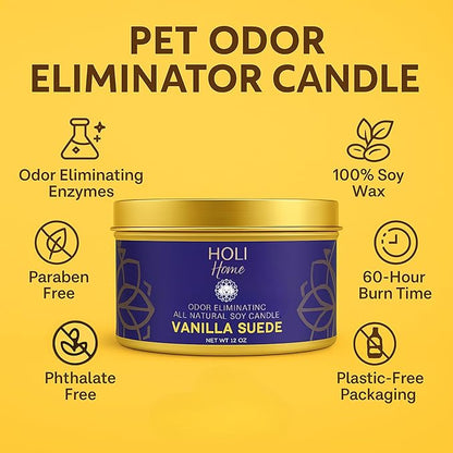 HOLI Pet Odor Eliminator Candle – Vanilla Suede Scent – All Natural Soy Wax, Paraben & Phthalate Free, Pet Safe, Long-Lasting 30-Hour Burn, Non-Toxic & Plastic-Free Air Freshener for Home