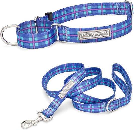 Lucky Love Dog, Blue and Violet Plaid Martingale Dog Collar and Leash Set, Premium No Slip Dog Collar and Leash Set, Martingale Collar for Male Female Dogs - (Medium, Scotty Mart - Combo)